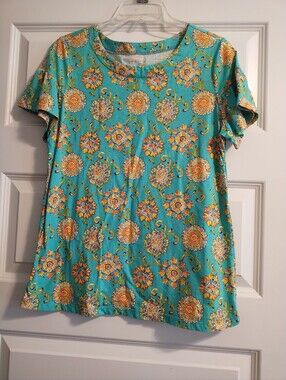 5/$25 Kim Rogers Petite Turquoise Floral Short-Sleeve Women's Top